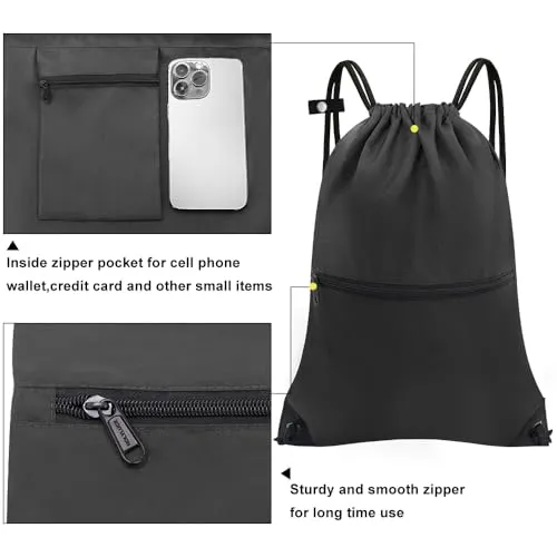 CALACH draw string back bag, Large Gym Sports string backpack for men and women with front zipper pocket and inside zipper pocket to keep key or phone(black)