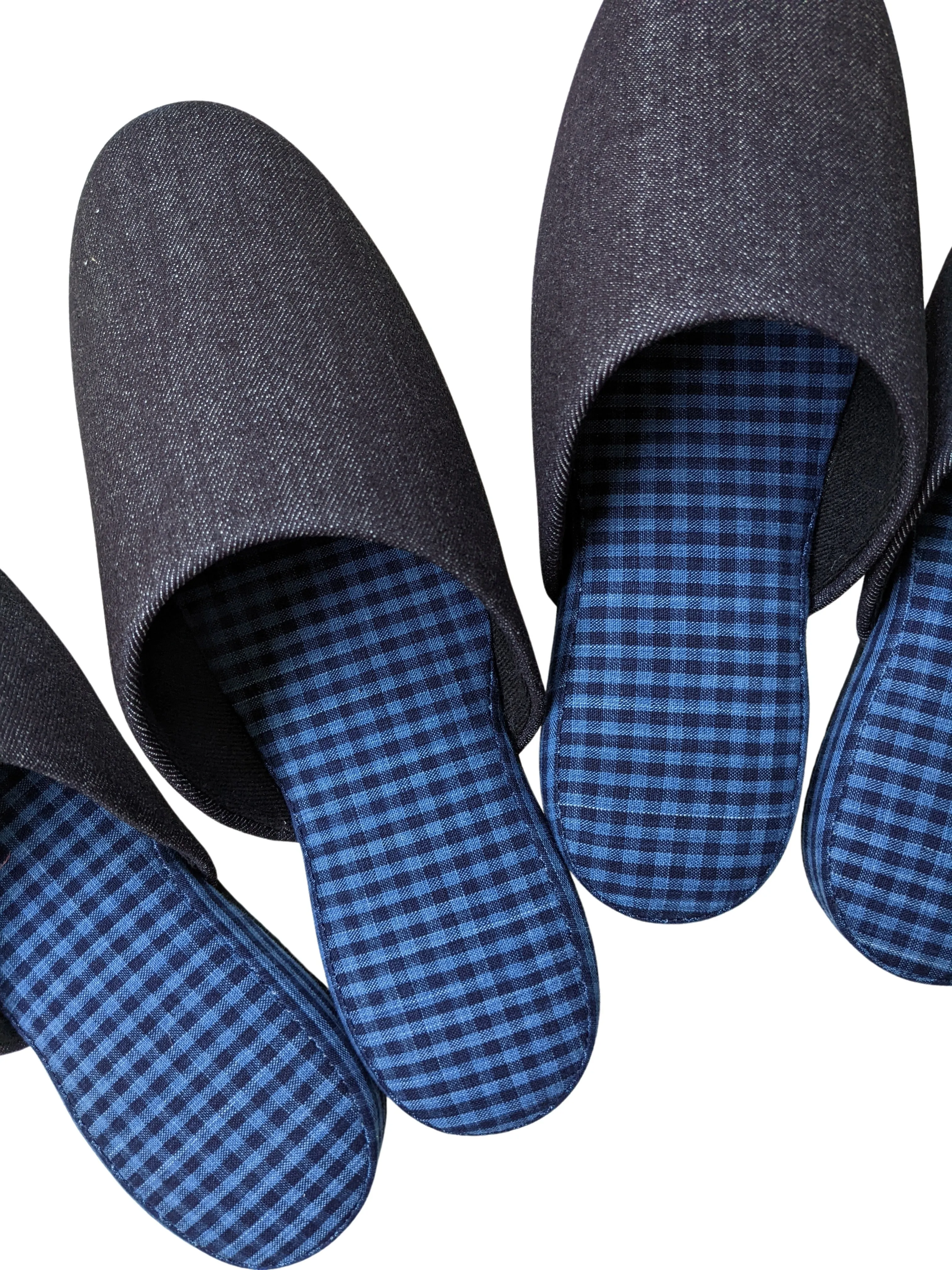 Denim Blue Checkered Plaid Mix Slippers [Black wool felt sole] 2 size Large / XL