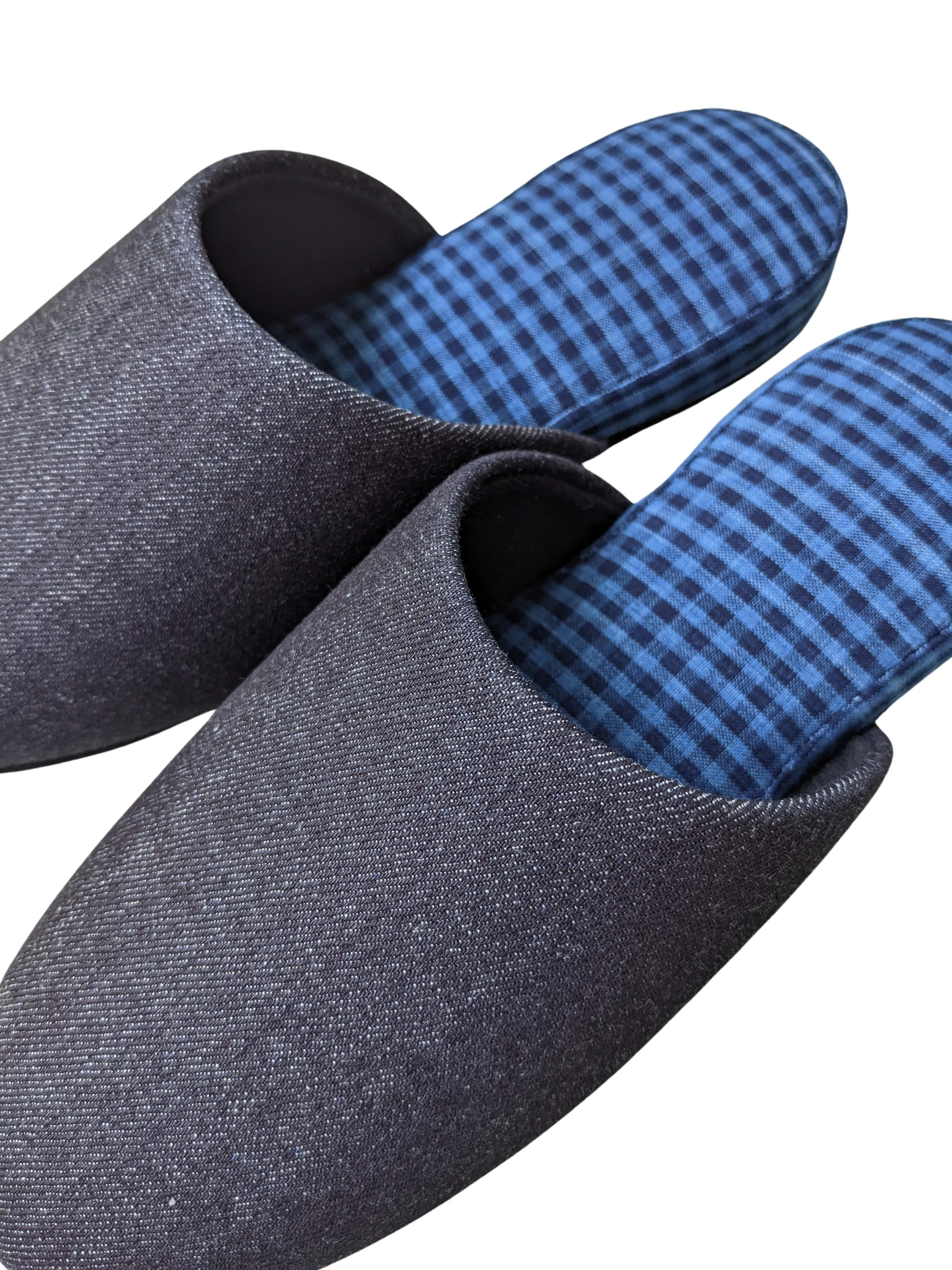 Denim Blue Checkered Plaid Mix Slippers [Black wool felt sole] 2 size Large / XL