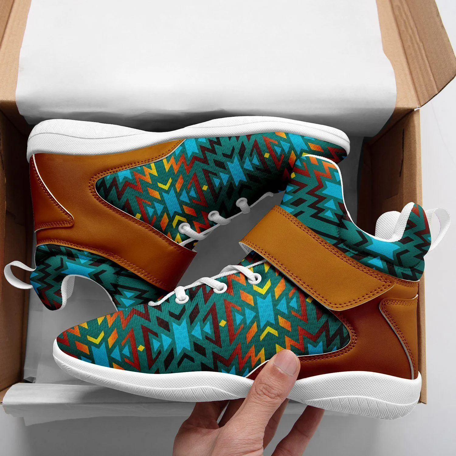 Fire Colors and Turquoise Teal Ipottaa Basketball / Sport High Top Shoes - White Sole