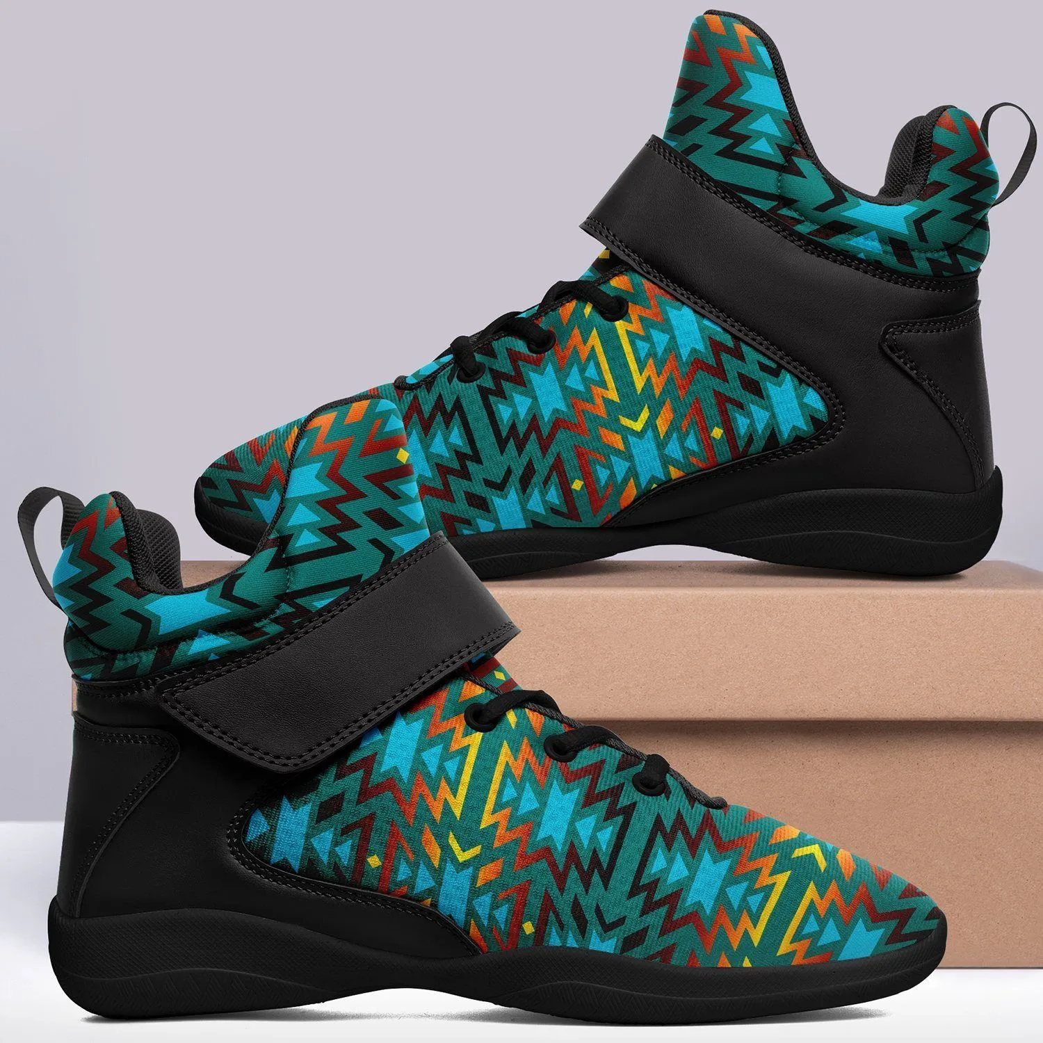 Fire Colors and Turquoise Teal Kid's Ipottaa Basketball / Sport High Top Shoes