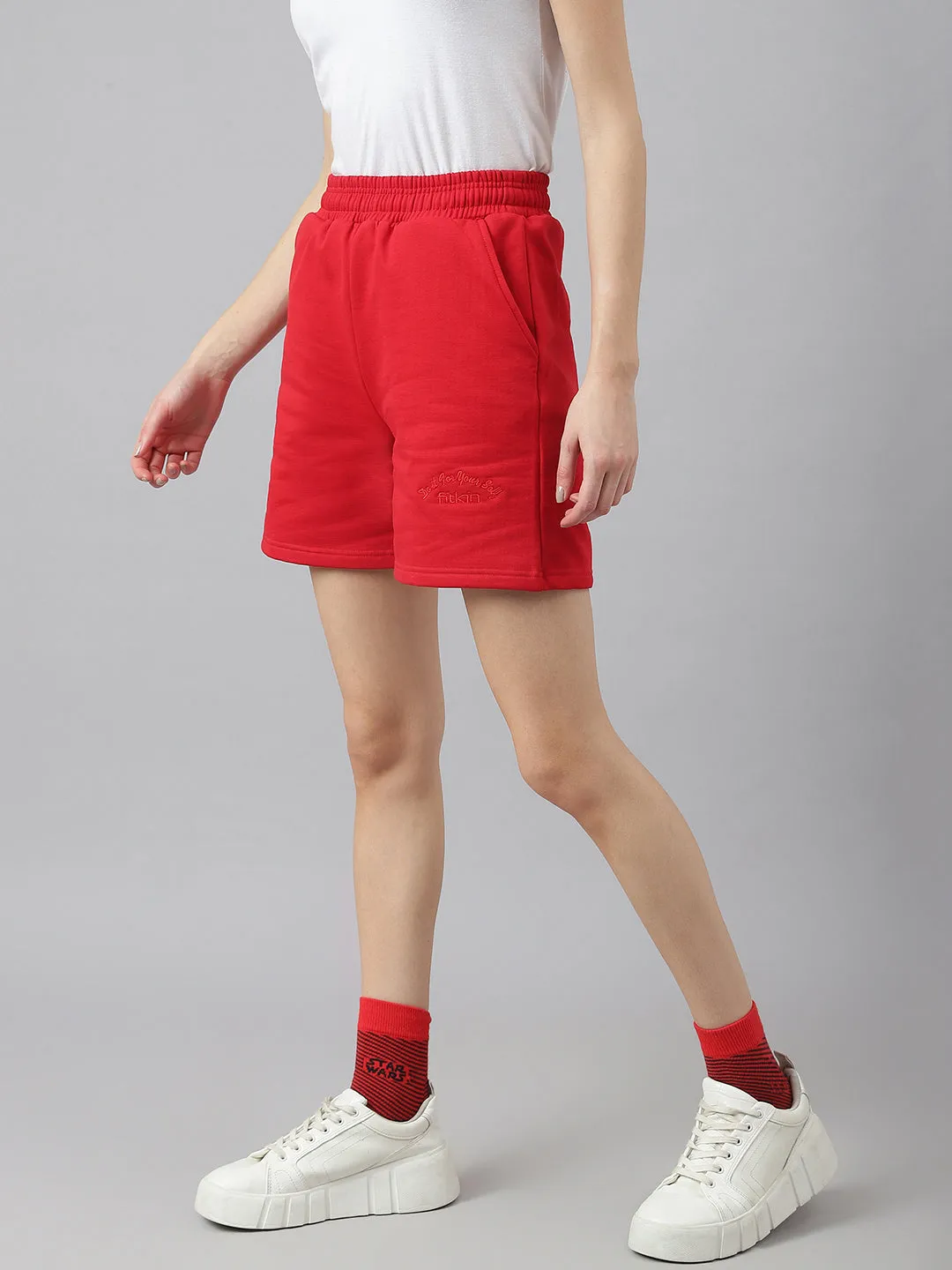 Fitkin Women Red High Waisted Fleece Shorts