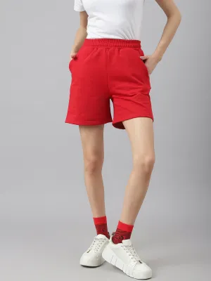 Fitkin Women Red High Waisted Fleece Shorts