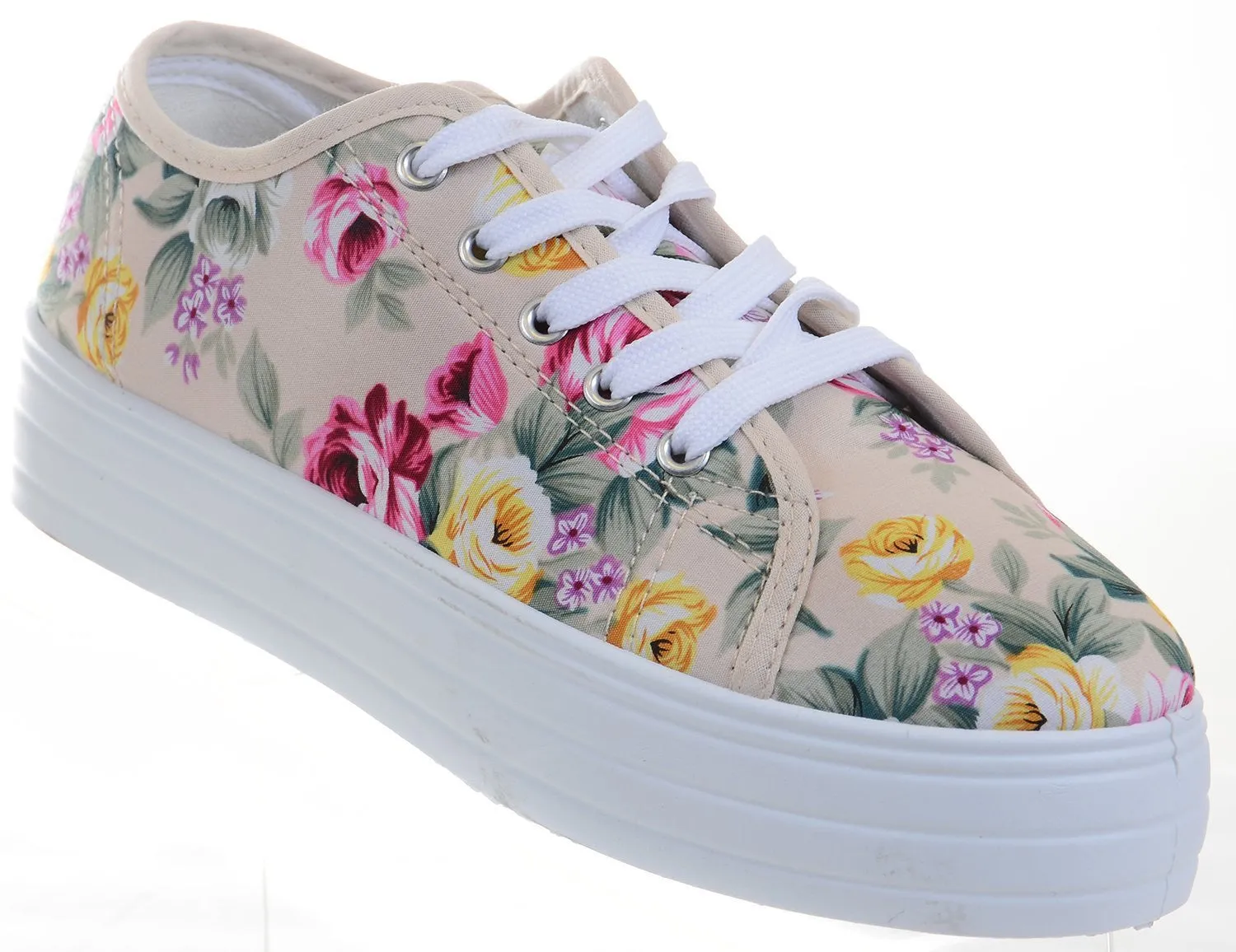 Floral Lace Up Low Top Flat Sneaker Shoes Womens