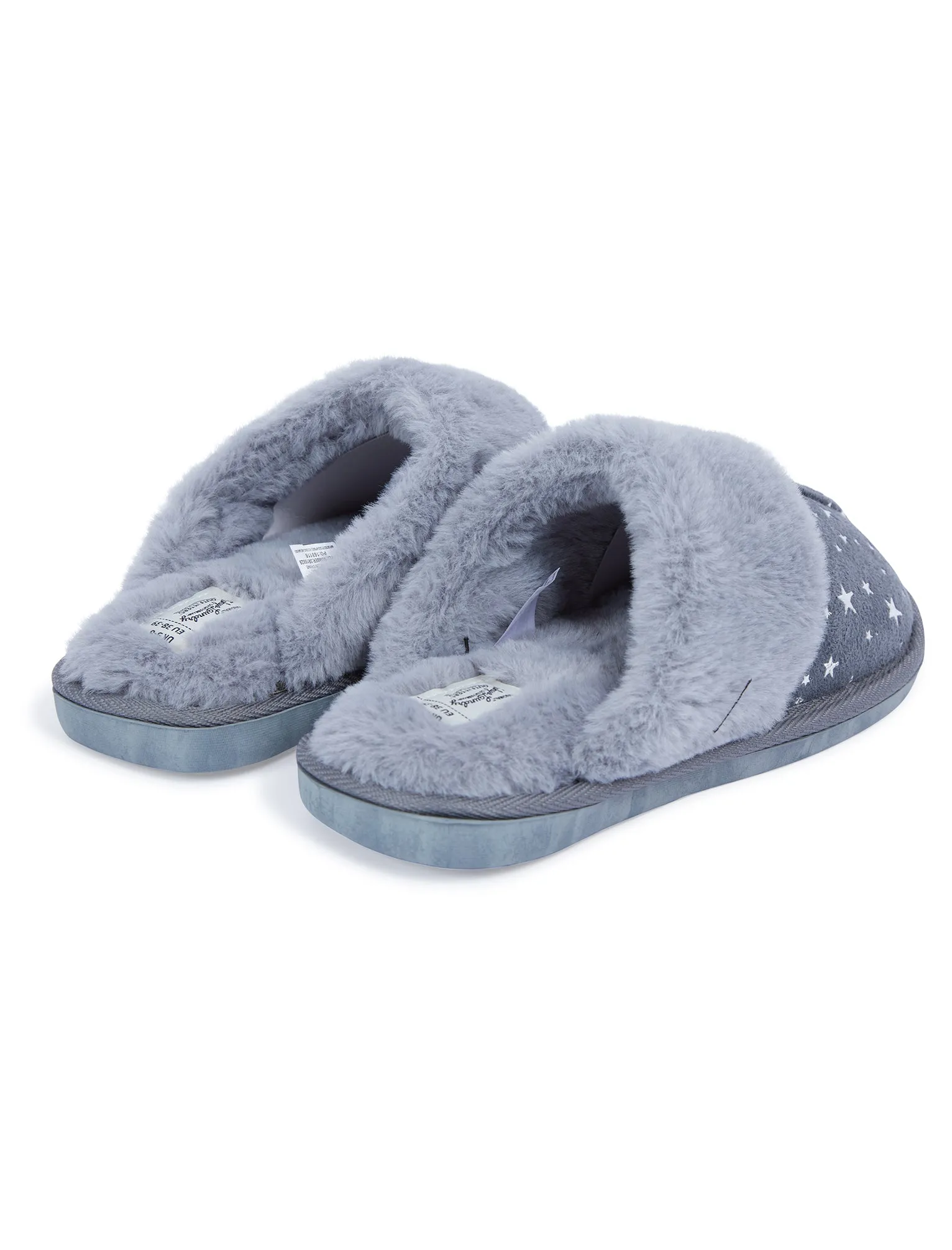 Gravity Foil Star Print Faux Suede Mule Slippers with Faux Fur Lining & Trim in Grey - Tokyo Laundry