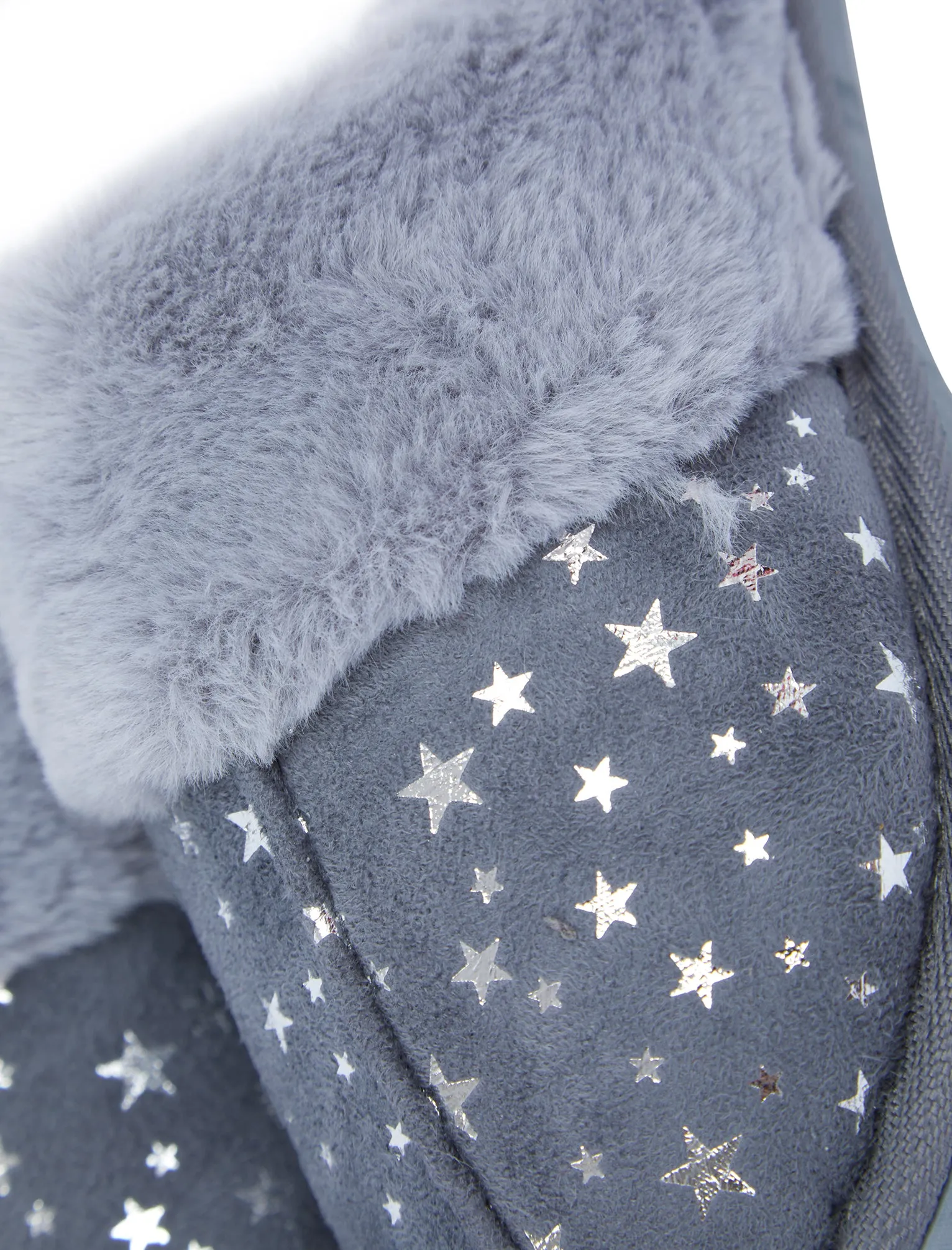 Gravity Foil Star Print Faux Suede Mule Slippers with Faux Fur Lining & Trim in Grey - Tokyo Laundry