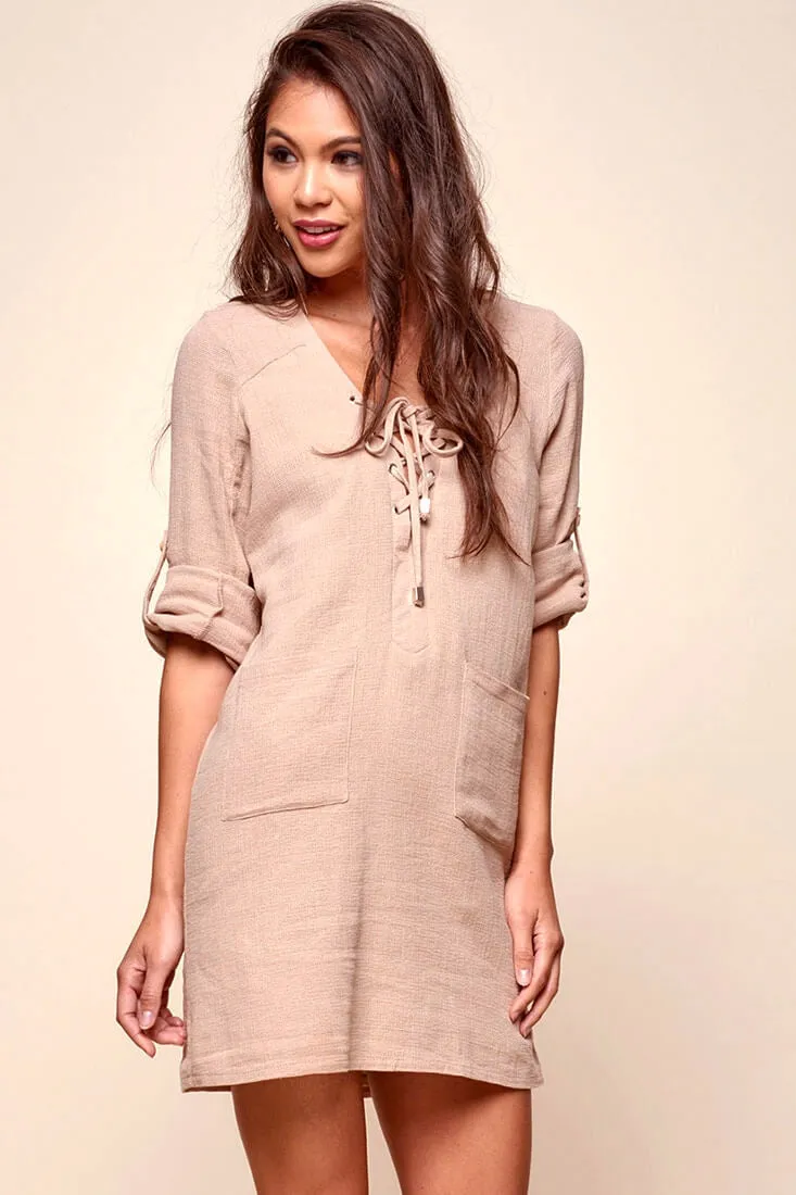 Katie Lace-Up Front Causal Dress Beige