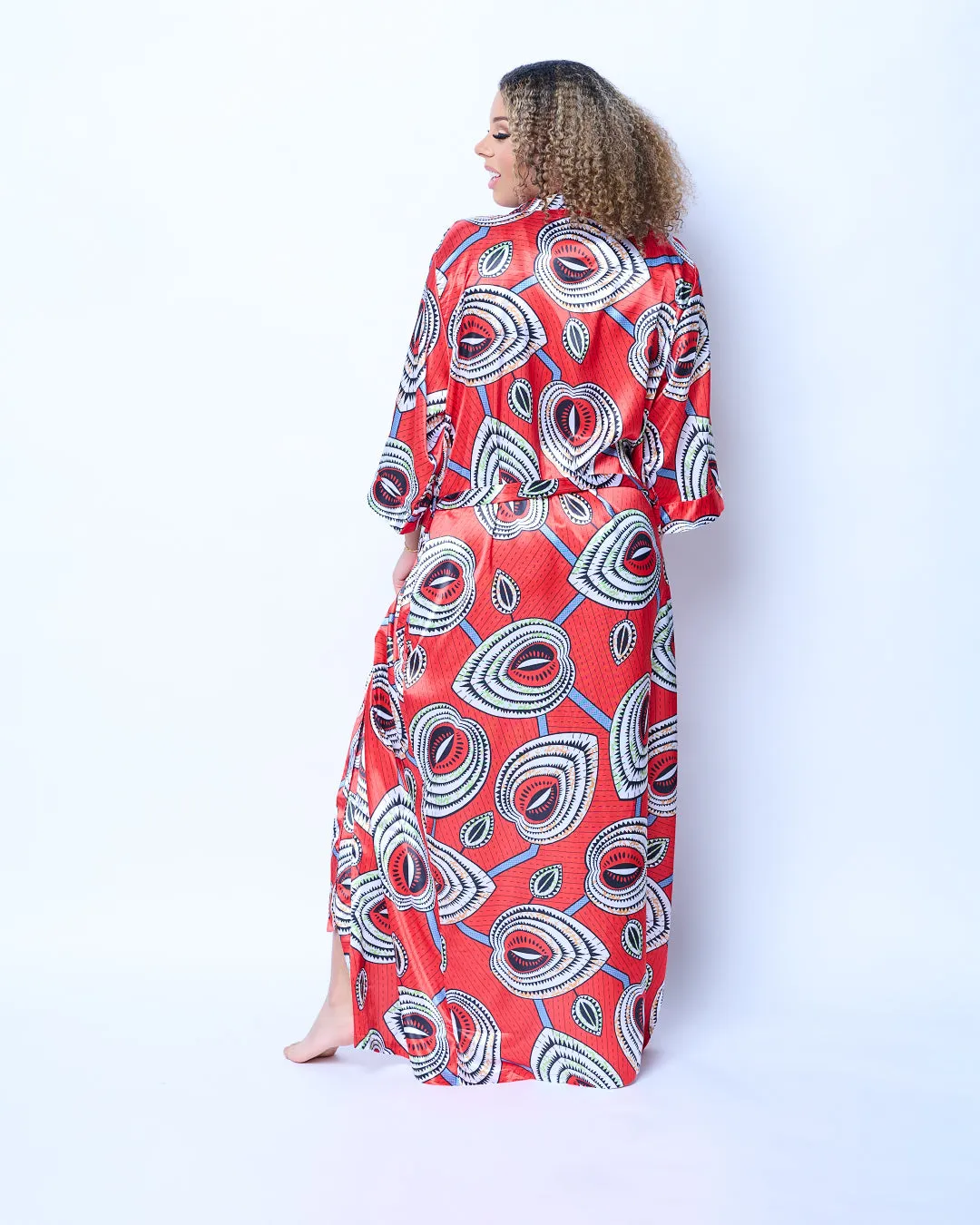 Long African Print Satin Robe Red