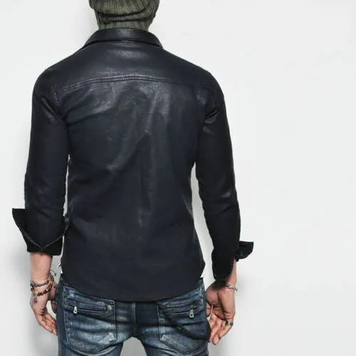 Men's Black Leather Slim Fit Stylish Modern Shirt MS05