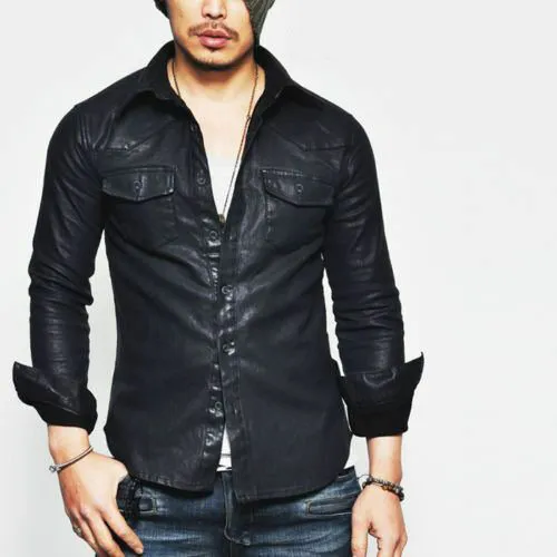 Men's Black Leather Slim Fit Stylish Modern Shirt MS05