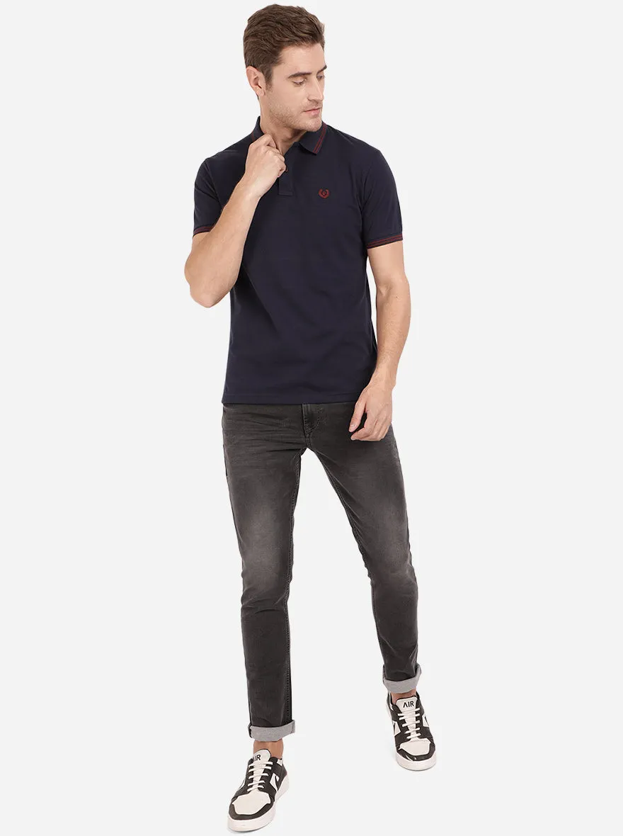 Night Blue Solid Slim Fit Polo T-Shirt | Greenfibre