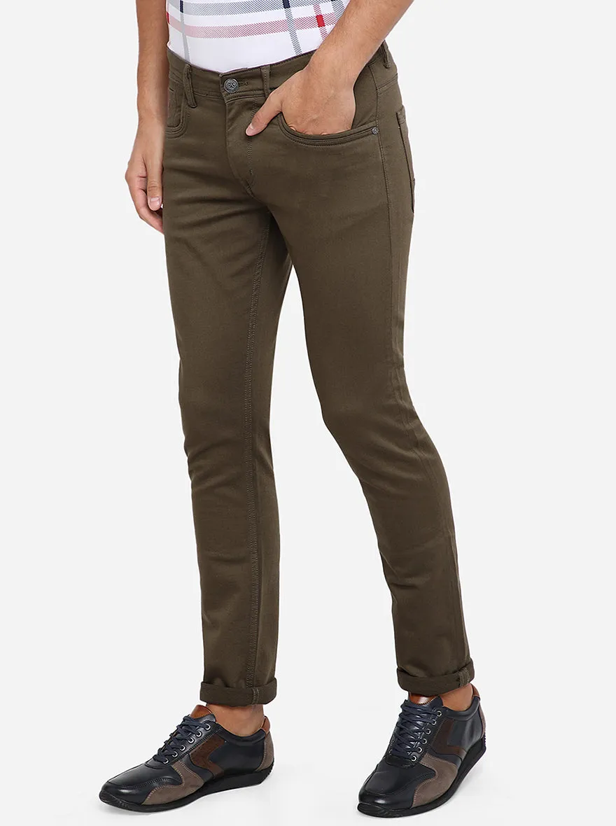 Olive Brown Solid Slim Fit Jeans | JadeBlue