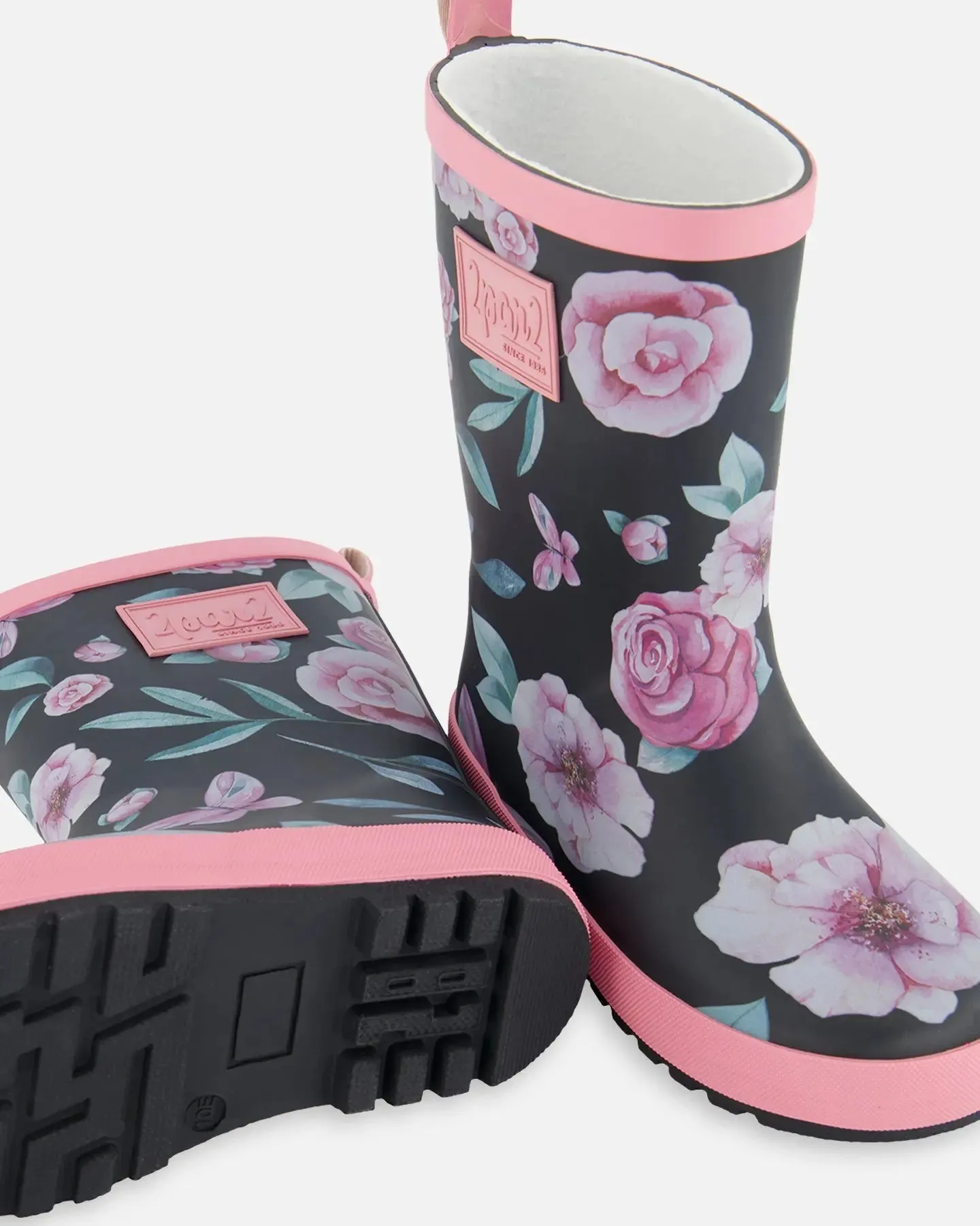 Printed Rain Boots Pink, Black, And Flowers