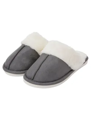 Rio Faux Suede Mule Slippers with Faux Fur Lining & Trim in Grey - Tokyo Laundry