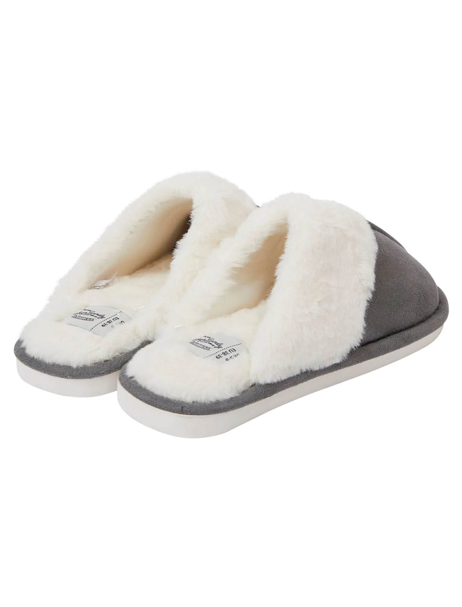 Rio Faux Suede Mule Slippers with Faux Fur Lining & Trim in Grey - Tokyo Laundry