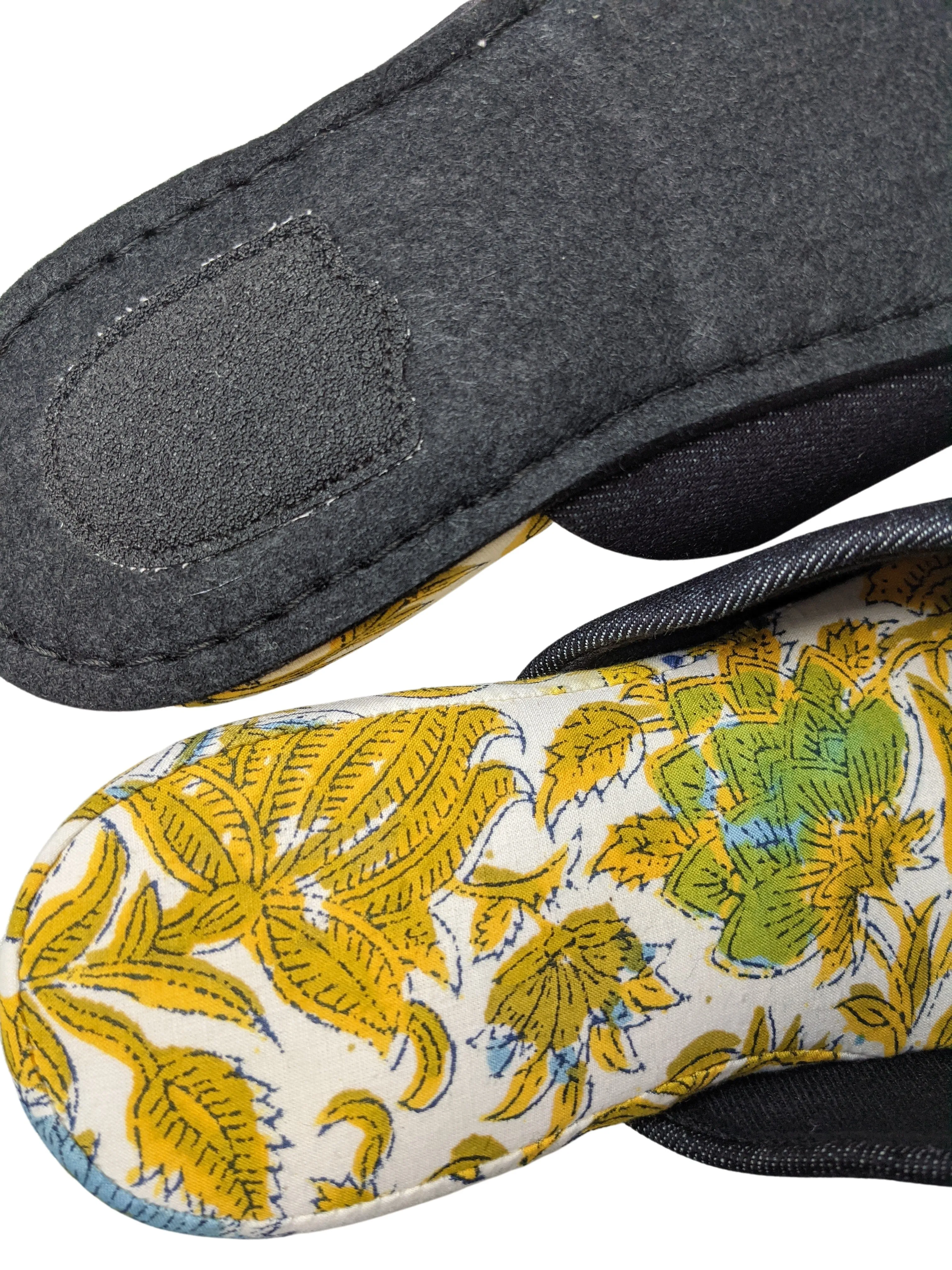 [SALE] Large| Denim and Flowers Mix Slippers [Black wool felt sole]