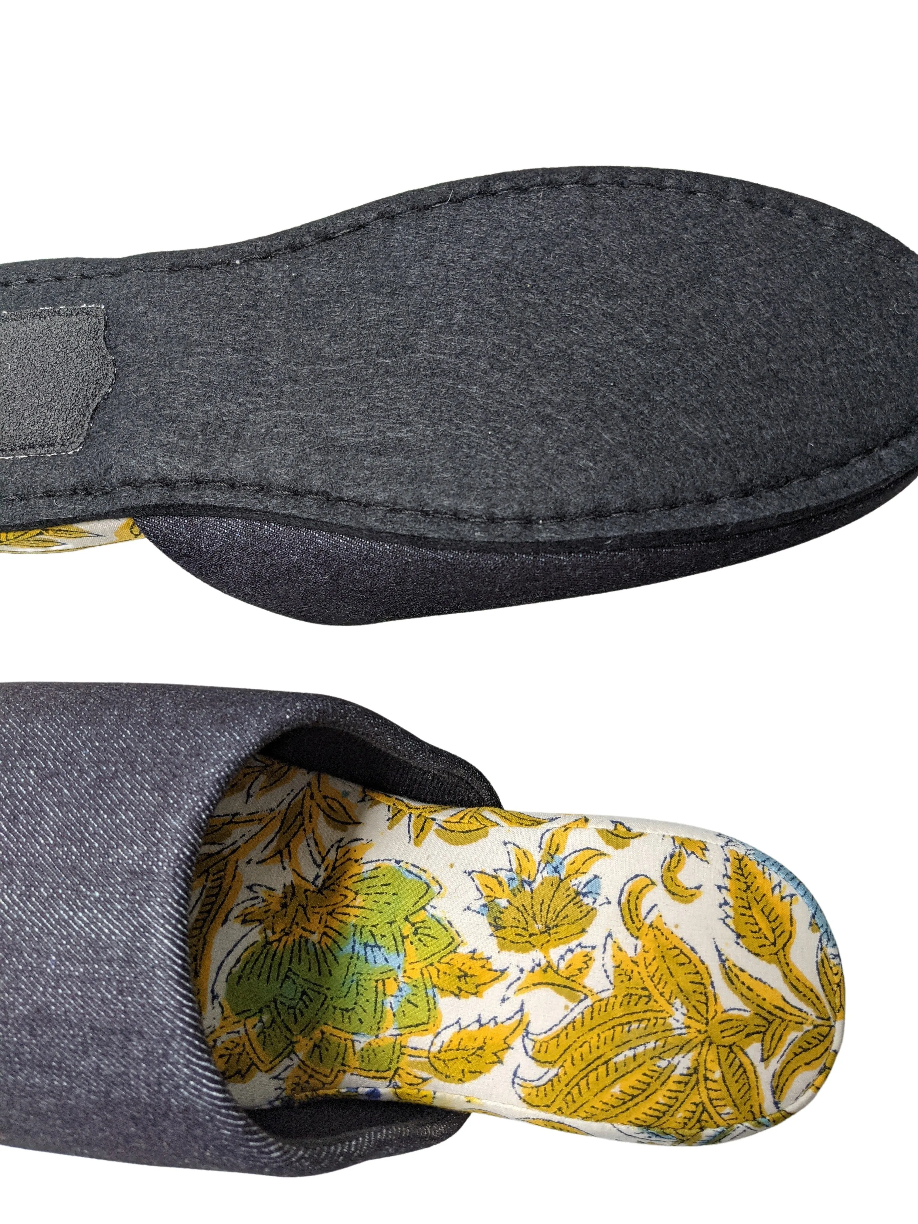 [SALE] Large| Denim and Flowers Mix Slippers [Black wool felt sole]