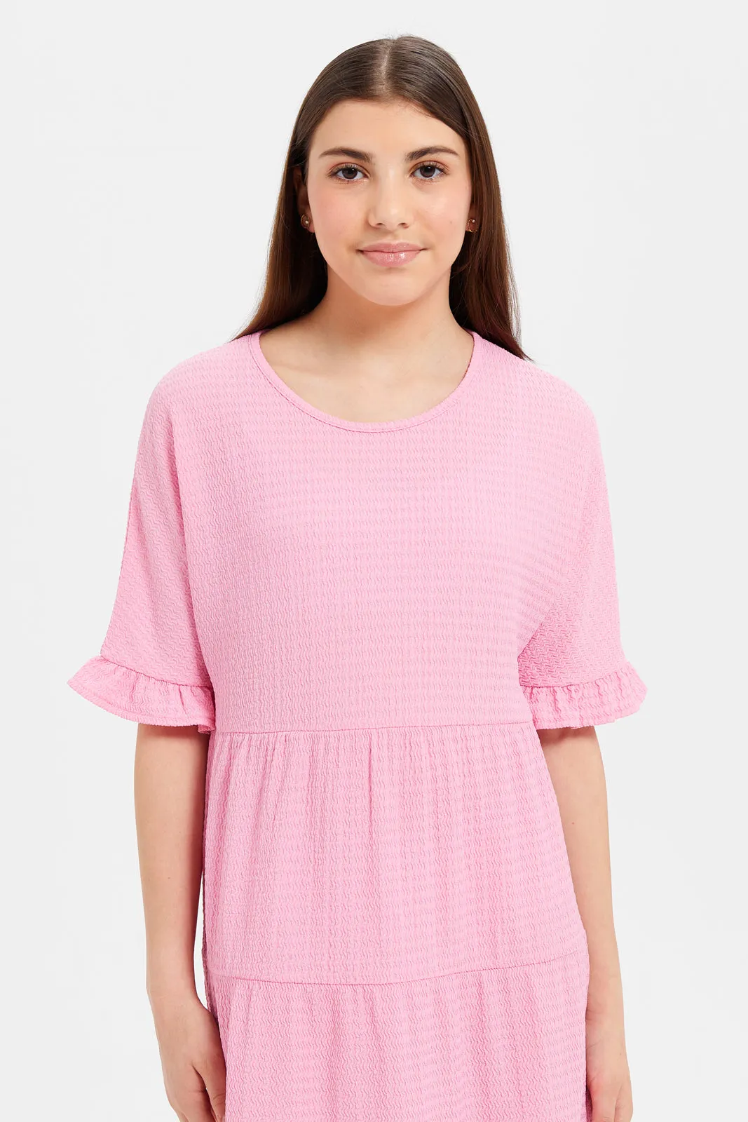 Senior Girls Pink Tiered Jacquard Dress