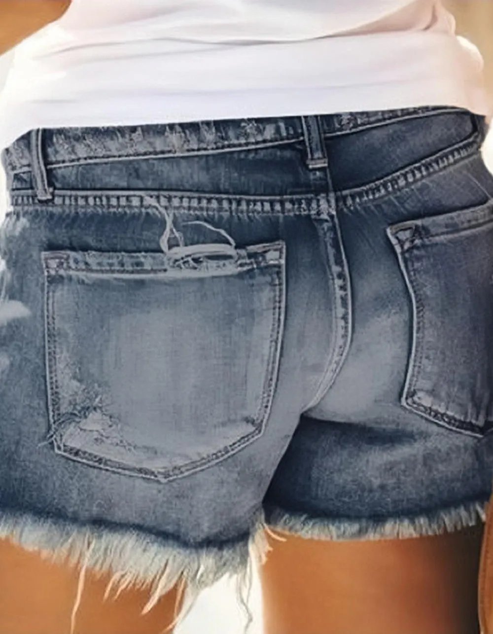 Solid-color Tassel Ripped Pocket Short Denim Shorts