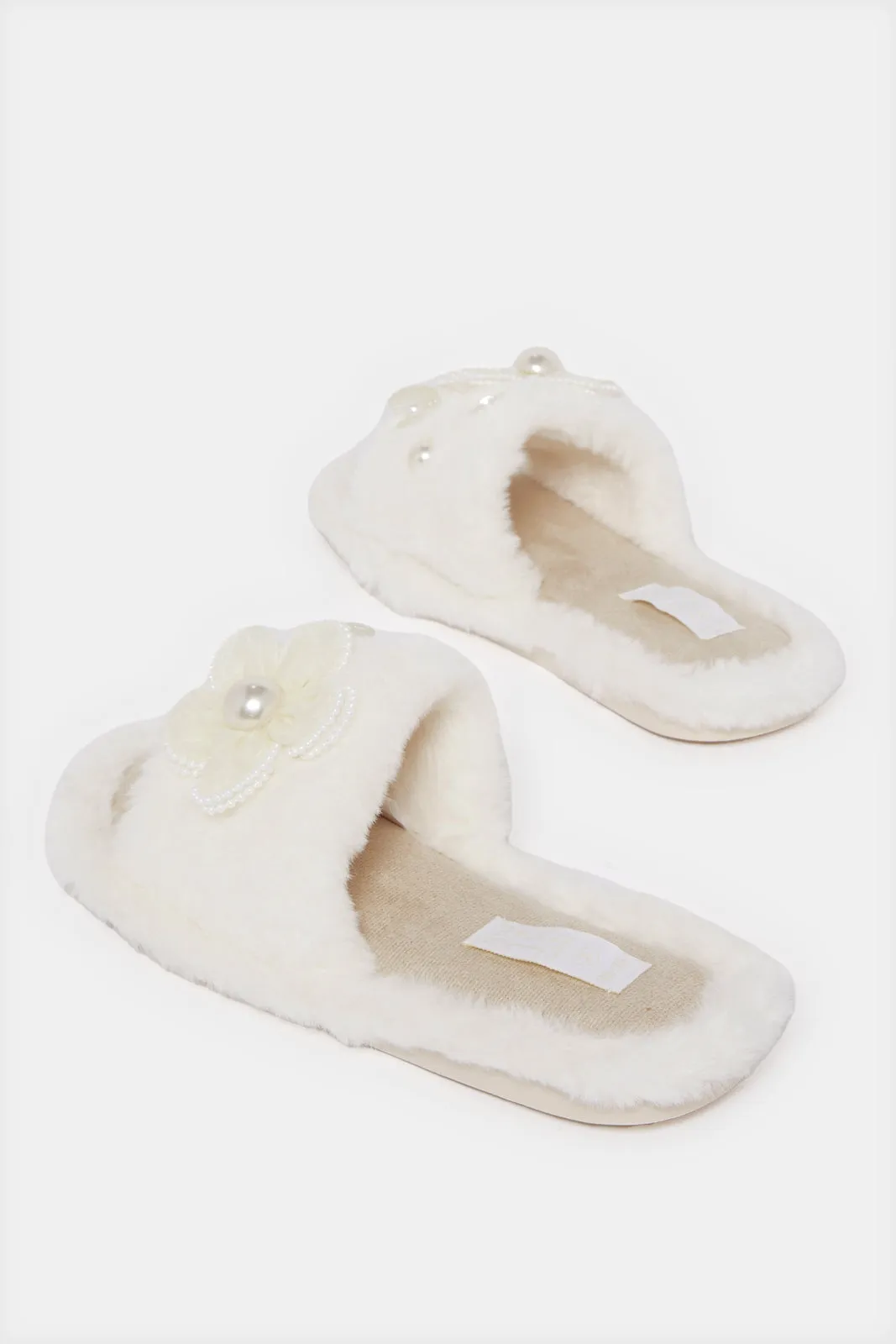 Women Beige Flower Trim Slipper