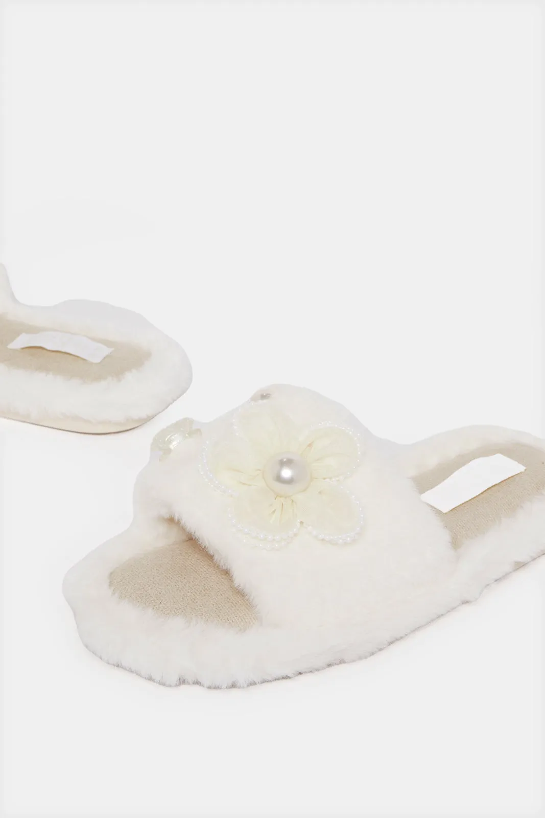 Women Beige Flower Trim Slipper