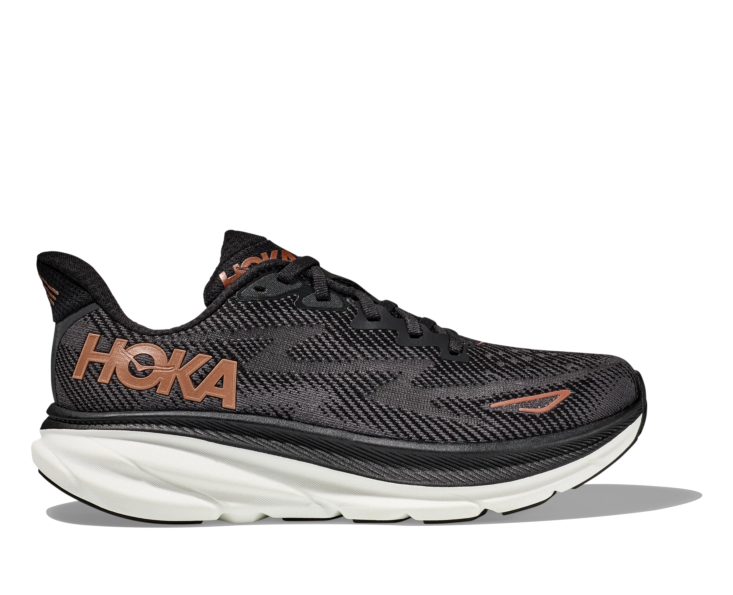 Women's Hoka Clifton 9 Color: Black/Copper (WIDE WIDTH)